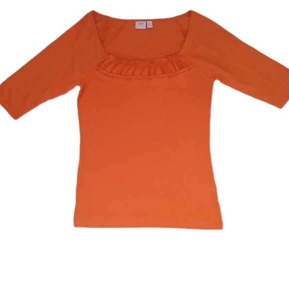 Esprit Women's T-shirt Cotton Burnt Orange 3/4 Sleeve Ruffles Crochet Size XS - Picture 1 of 5